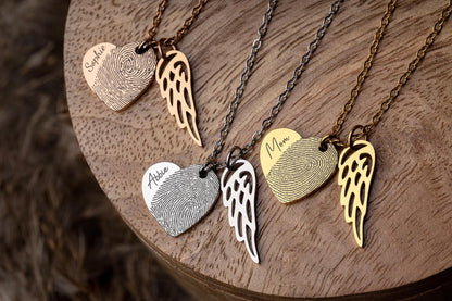 Loss of Mother Keepsake Heart Necklace with Actual Fingerprint and Angel Wing, Personalized Memorial Sympathy Jewelry Gift for Her, KP.2