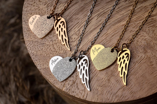 Actual Fingerprint Necklace With Angel Wing, Memorial Heart Jewelry, Loss Of Dad, Mom, Father, Mother, Personalized Sympathy Grief Gift KP.2