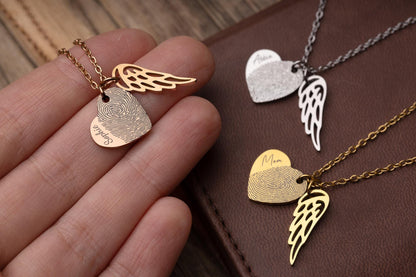 Loss of Mother Keepsake Heart Necklace with Actual Fingerprint and Angel Wing, Personalized Memorial Sympathy Jewelry Gift for Her, KP.2