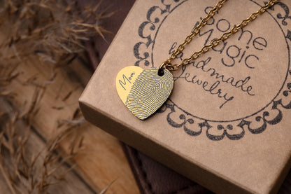 Loss of Mother Keepsake Heart Necklace with Actual Fingerprint and Angel Wing, Personalized Memorial Sympathy Jewelry Gift for Her, KP.2