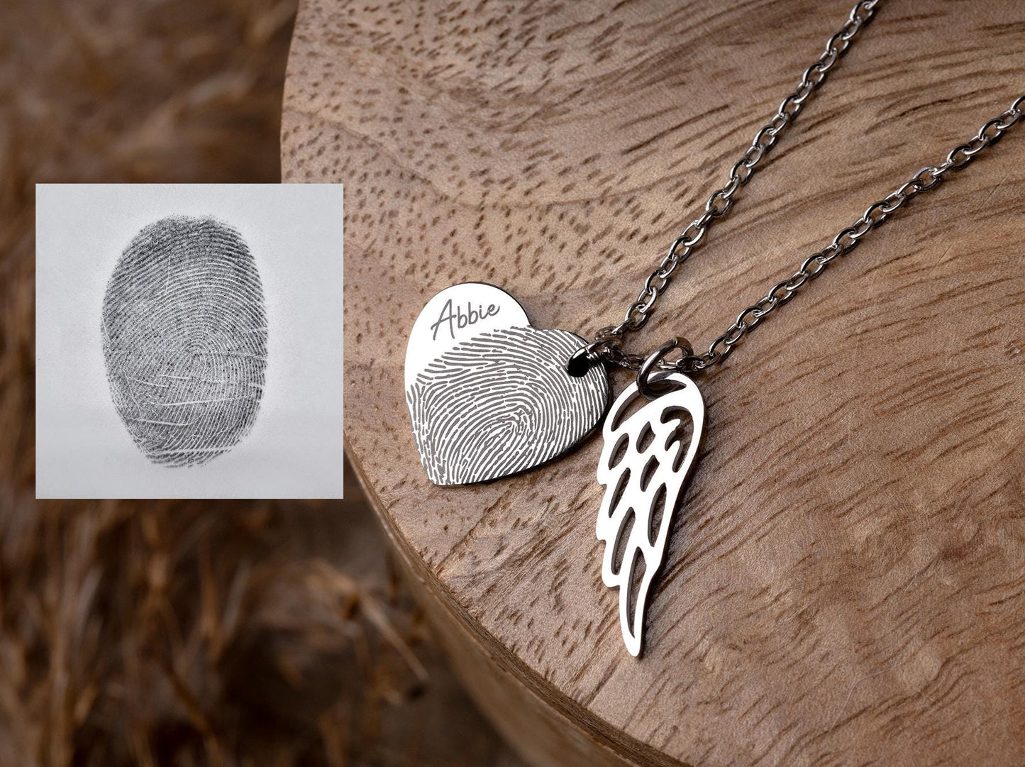 Heart Necklace with Fingerprint & Angel Wing, Memorial Loss of Mother or Father Sympathy Gift, Personalized Jewelry Grief Gift for Her, KP.2