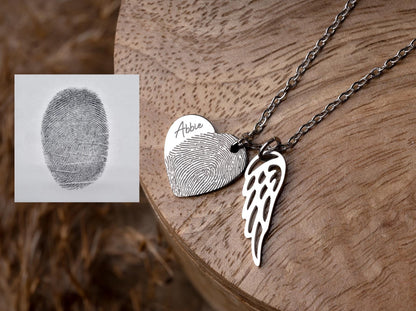 Heart Necklace with Fingerprint & Angel Wing, Memorial Loss of Mother or Father Sympathy Gift, Personalized Jewelry Grief Gift for Her, KP.2