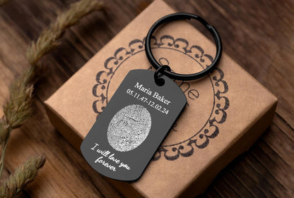 Actual Fingerprint Keychain - Personalized Memorial Keepsake with Custom Text - Sympathy, Condolence, or Bereavement Grief Gift for Him, C.2
