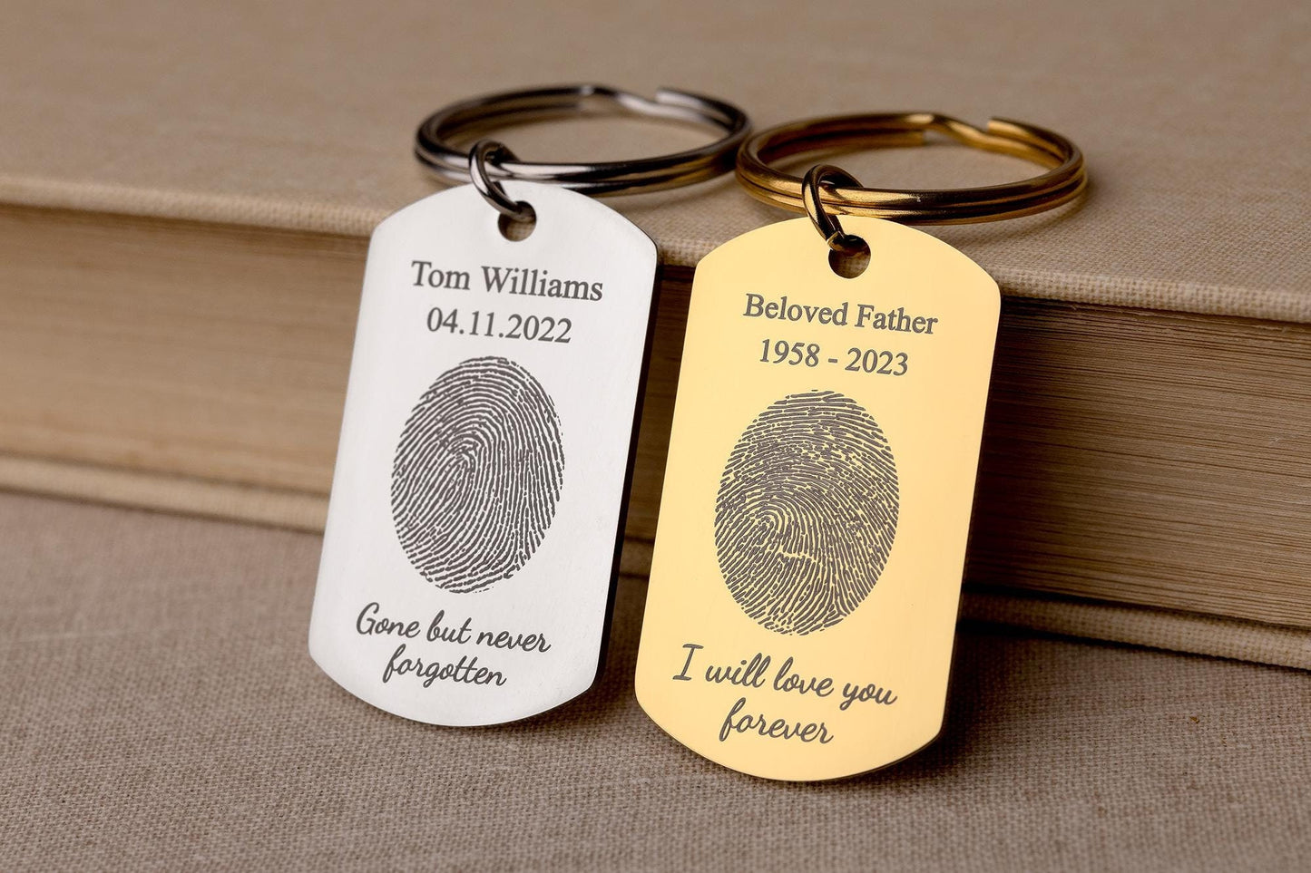 Memorial Keychain with Actual Fingerprint and Custom Text, Thumbprint Keepsake, Personalized Engraved Remembrance Keyring, Grief Gift, C.2