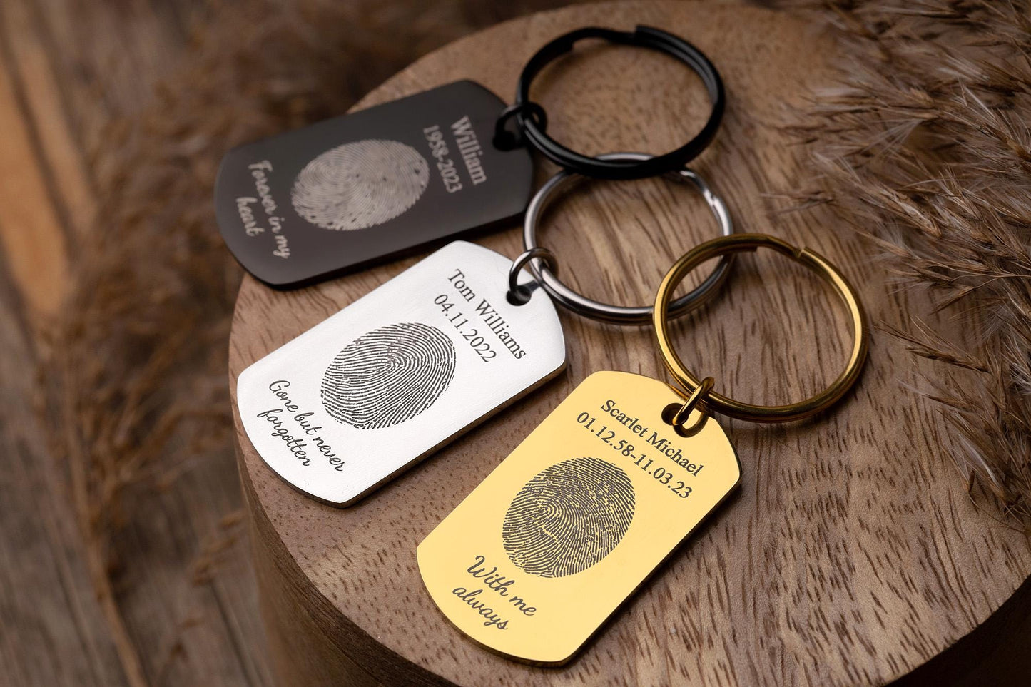 Actual Fingerprint Keychain - Personalized Memorial Keepsake with Custom Text - Sympathy, Condolence, or Bereavement Grief Gift for Him, C.2