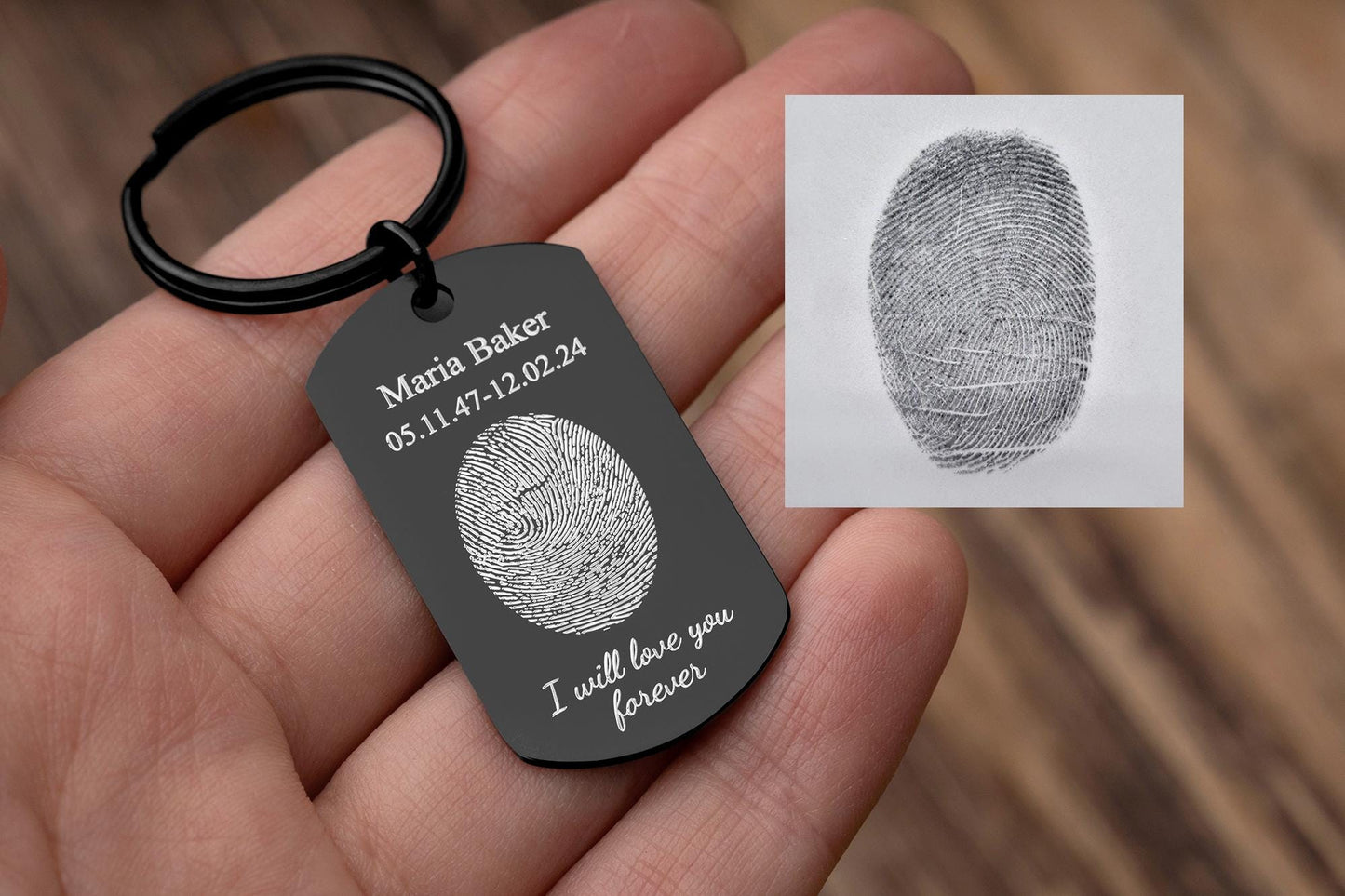Memorial Keychain with Actual Fingerprint and Custom Text, Thumbprint Keepsake, Personalized Engraved Remembrance Keyring, Grief Gift, C.2