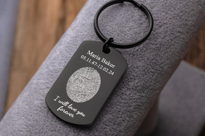 Memorial Keychain with Actual Fingerprint and Custom Text, Thumbprint Keepsake, Personalized Engraved Remembrance Keyring, Grief Gift, C.2