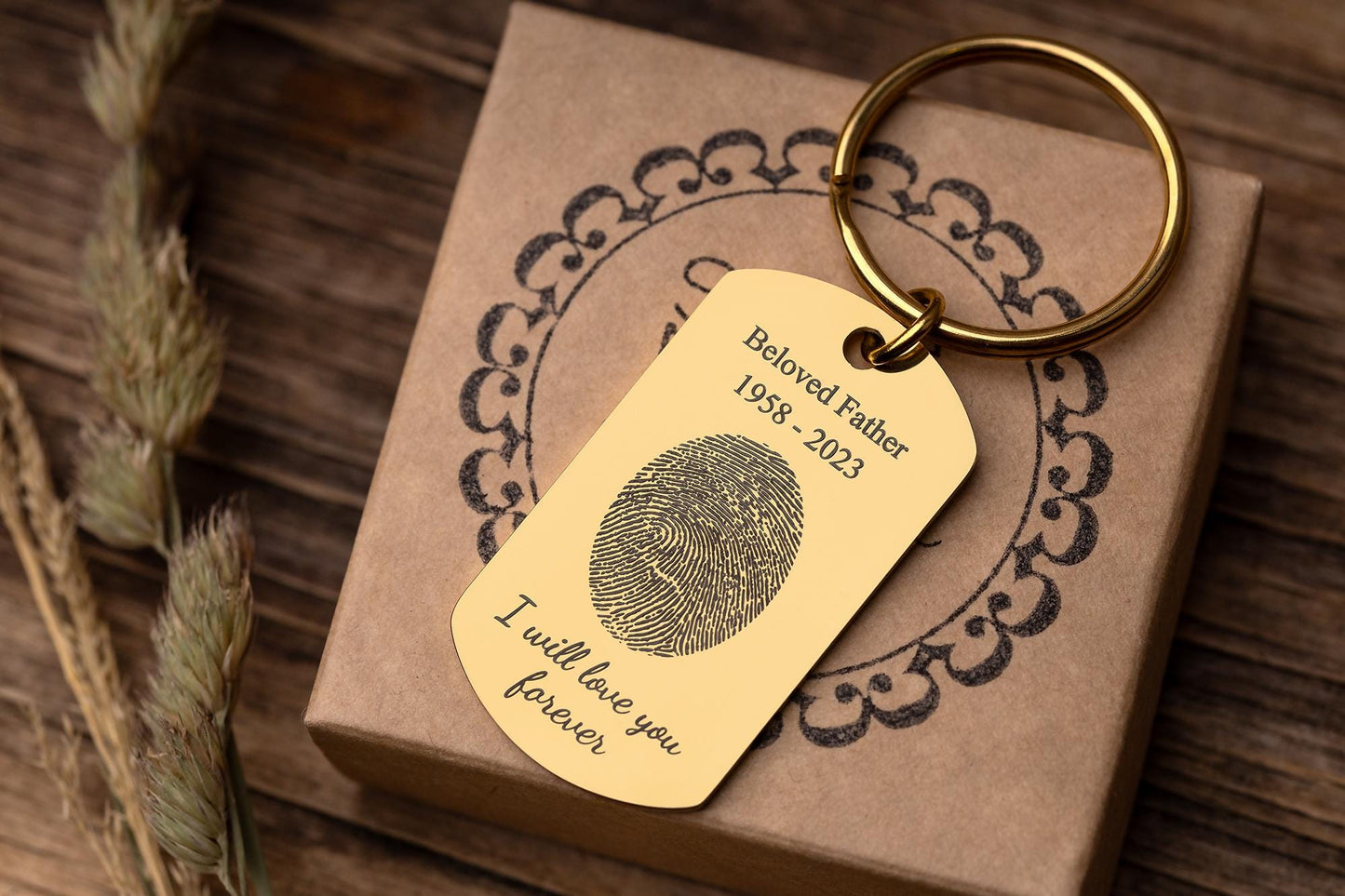 Memorial Keychain with Actual Fingerprint and Custom Text, Thumbprint Keepsake, Personalized Engraved Remembrance Keyring, Grief Gift, C.2