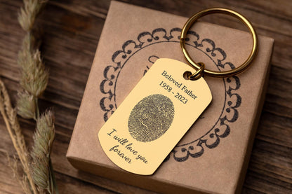 Memorial Keychain with Actual Fingerprint and Custom Text, Thumbprint Keepsake, Personalized Engraved Remembrance Keyring, Grief Gift, C.2