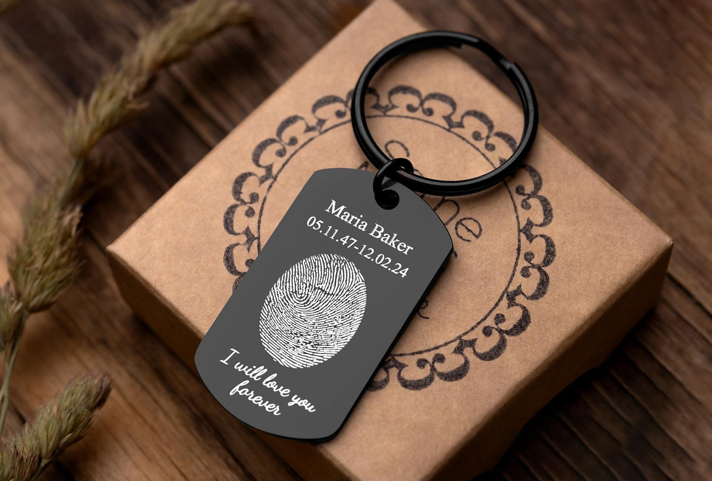 Memorial Keychain with Actual Fingerprint and Custom Text, Thumbprint Keepsake, Personalized Engraved Remembrance Keyring, Grief Gift, C.2