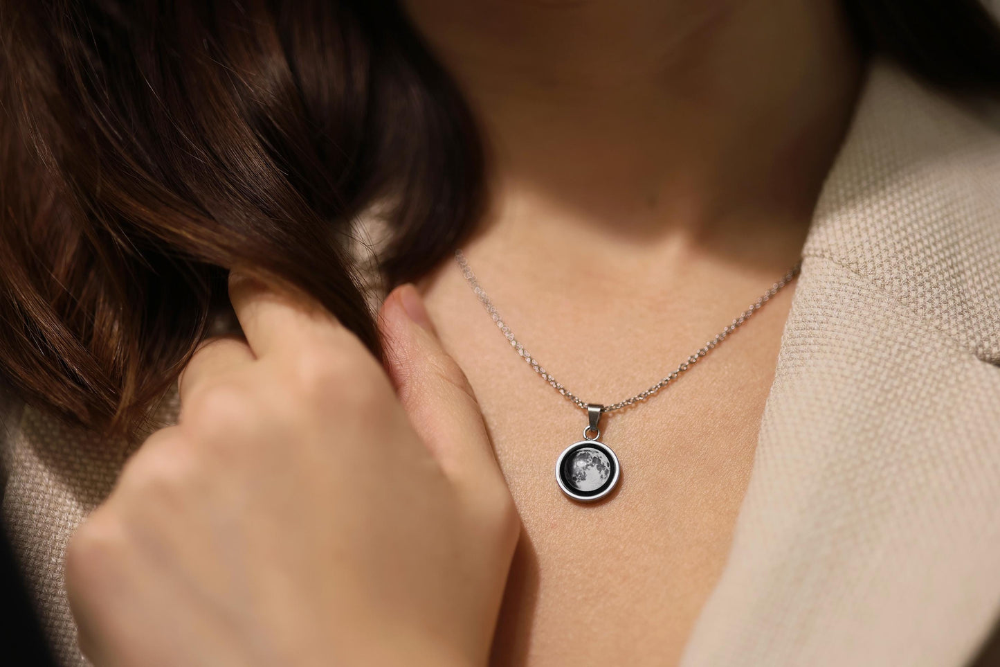 Full Moon Necklace for Her - Custom Pendant with Any Lunar Phase, Engraving and Adjustable Chain, Birthday Silver Jewelry Gift for Women