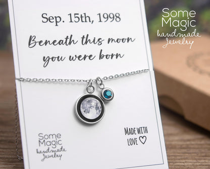 Custom Moon Phase Necklace with Birthstone and Engraving Initial and Date, Personalized Women Jewelry, Celestial Birthday Gift for Her, KP.8