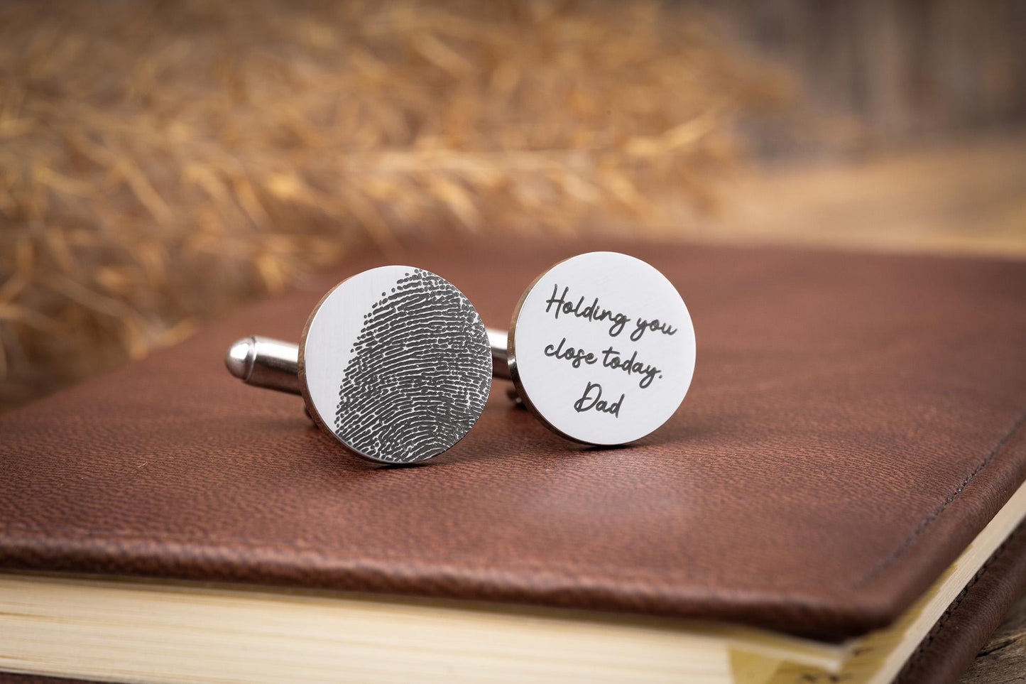 Actual Fingerprint Round Cufflinks, Custom Engraved Silver Personalized Gifts for Him, Groom Wedding, Fathers Day Gift, Graduation Gift, C.2