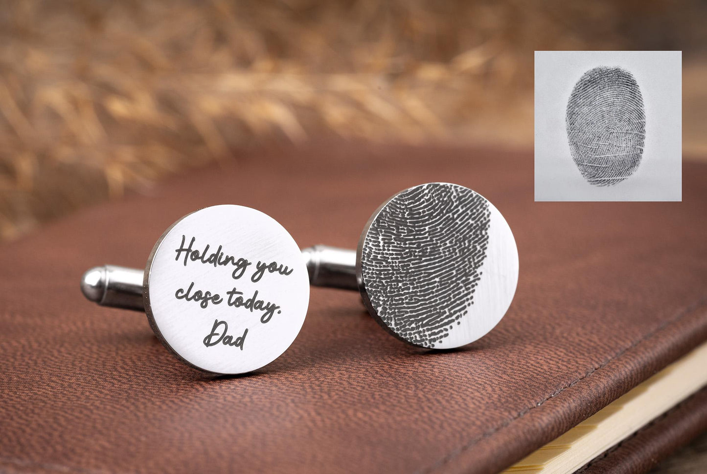 Actual Fingerprint Round Cufflinks, Custom Engraved Silver Personalized Gifts for Him, Groom Wedding, Fathers Day Gift, Graduation Gift, C.2