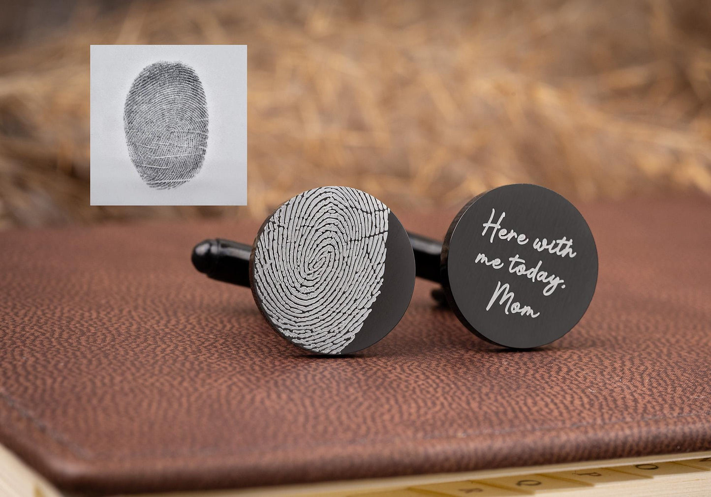 Actual Fingerprint Round Cufflinks, Custom Engraved Silver Personalized Gifts for Him, Groom Wedding, Fathers Day Gift, Graduation Gift, C.2