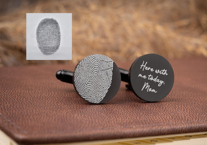 Actual Fingerprint Round Cufflinks, Custom Engraved Silver Personalized Gifts for Him, Groom Wedding, Fathers Day Gift, Graduation Gift, C.2