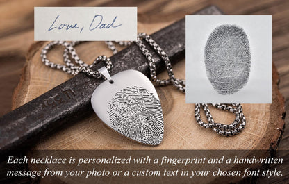 Guitar Pick Necklace with Fingerprint and Handwriting, Loss Of Music Lover or Musician Memorial Funeral Keepsake Gift for Him or Her, C.2