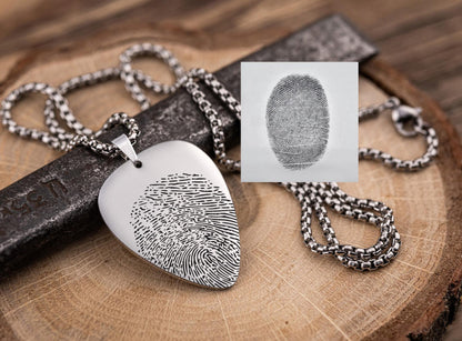 Guitar Pick Necklace With Fingerprint, Custom Grief Jewelry with Actual Thumbprint, Personalized Musician Keepsake, Loss of Guitarist, C.2