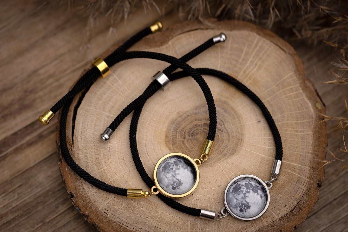 Custom Moon Phase Silver or Gild Bracelet with Red or Black Rope and Back Side Engraving - Personalized Birthday Gift For Him or Her, RP.1
