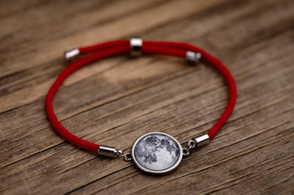Custom Moon Phase Silver or Gild Bracelet with Red or Black Rope and Back Side Engraving - Personalized Birthday Gift For Him or Her, RP.1