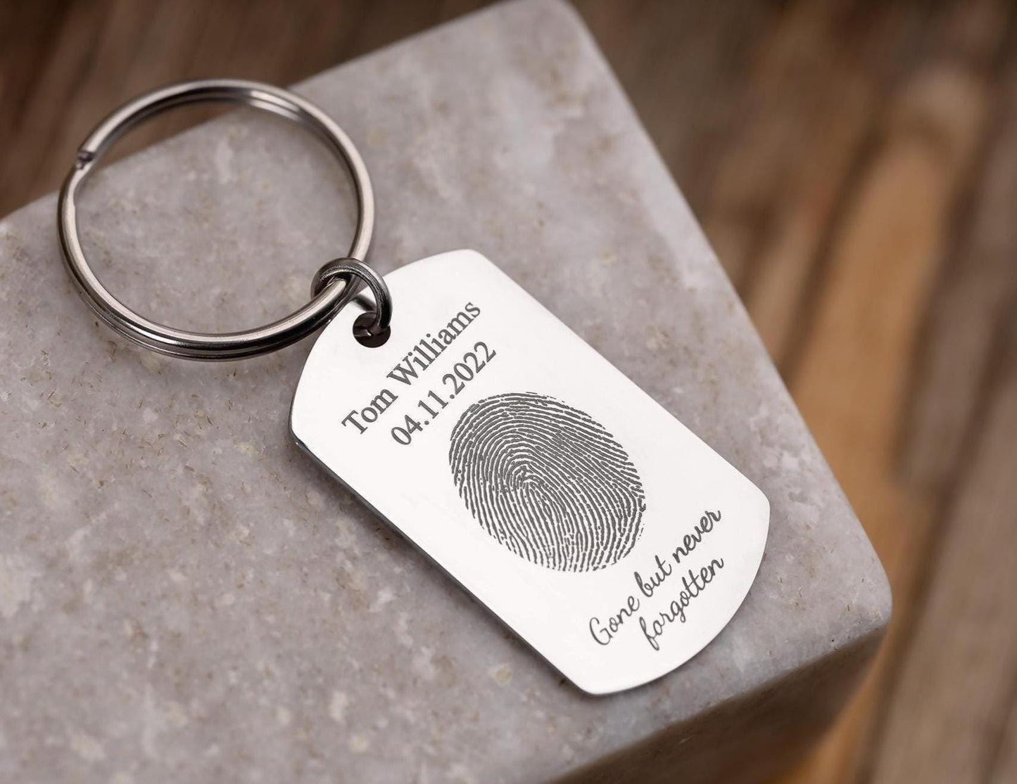 Memorial Keychain with Actual Fingerprint and Custom Text, Thumbprint Keepsake, Personalized Engraved Remembrance Keyring, Grief Gift, C.2