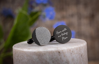 Actual Fingerprint Round Cufflinks, Custom Engraved Silver Personalized Gifts for Him, Groom Wedding, Fathers Day Gift, Graduation Gift, C.2