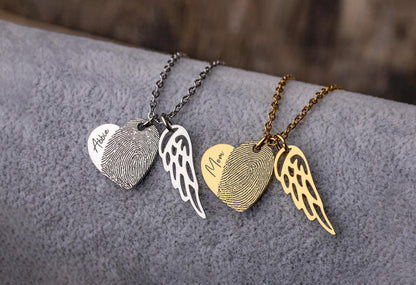 Loss of Mother Keepsake Heart Necklace with Actual Fingerprint and Angel Wing, Personalized Memorial Sympathy Jewelry Gift for Her, KP.2