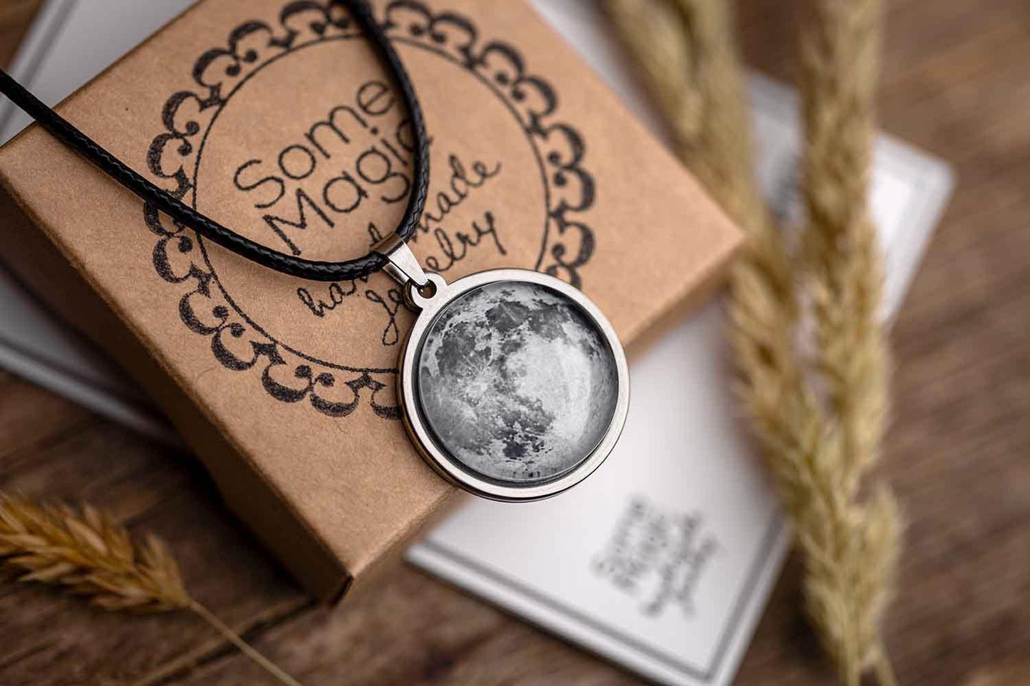 Moon Phase Necklace With Initial, Personalized Black Pendant With Cord, Custom Birthday Gift For Him, Anniversary Jewelry For Men, RP.1