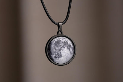 Moon Phase Necklace With Initial, Personalized Black Pendant With Cord, Custom Birthday Gift For Him, Anniversary Jewelry For Men, RP.1