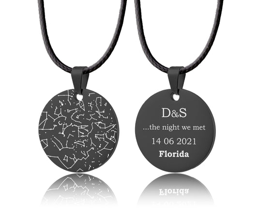Star Map Necklace With Cord, Personalized Star Chart By Date Black Pendant, Custom Anniversary Birthday Gift For Him, Men Jewelry, RP.2