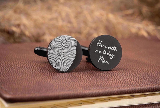 Actual Fingerprint Round Cufflinks, Custom Engraved Silver Personalized Gifts for Him, Groom Wedding, Fathers Day Gift, Graduation Gift, C.2