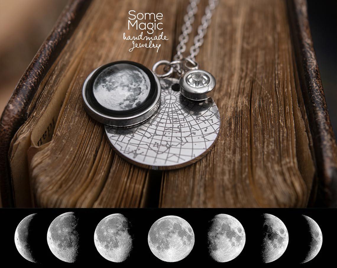 Star Map and Moon Phase Necklace with a Birthstone, Custom Night Sky by Date and Place,  Personalized Jewelry Birthday Anniversary Gift KP.7