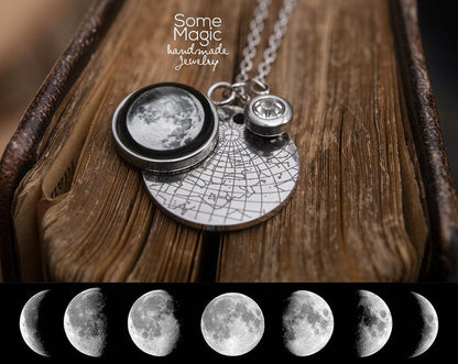 Star Map and Moon Phase Necklace with a Birthstone, Custom Night Sky by Date and Place,  Personalized Jewelry Birthday Anniversary Gift KP.7