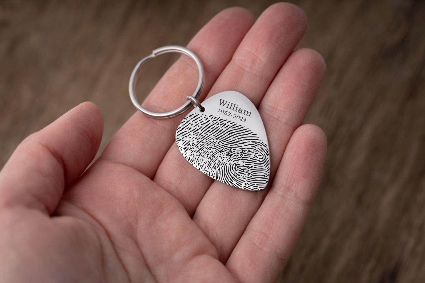 Black Guitar Pick Keychain with Actual Fingerprint, Engraved Custom Keyring, Memorial Gift, Loss Of Father, Guitarist Grief Keepsake, C.2