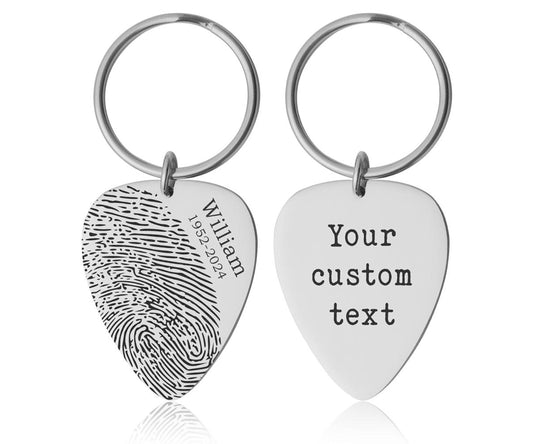 Actual Fingerprint Keychain, Guitar Pick Keychain, Engraved Custom Keyring, Memorial Gift, Loss Of Father, Guitarist Grief Keepsake, C.2