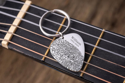 Black Guitar Pick Keychain with Actual Fingerprint, Engraved Custom Keyring, Memorial Gift, Loss Of Father, Guitarist Grief Keepsake, C.2