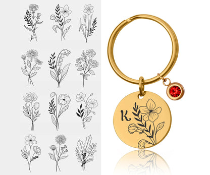 Birthstone And Birth Flower Keychain With Initial , Custom Engraved Keyring, Mothers Day Gift For Mom, Personalized Gift For Daughter, C.2