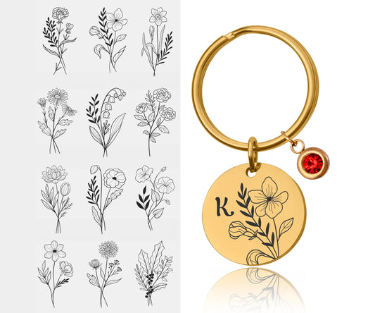 Birthstone And Birth Flower Keychain With Initial , Custom Engraved Keyring, Mothers Day Gift For Mom, Personalized Gift For Daughter, C.2