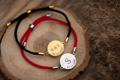 Custom Moon Phase Silver or Gild Bracelet with Red or Black Rope and Back Side Engraving - Personalized Birthday Gift For Him or Her, RP.1