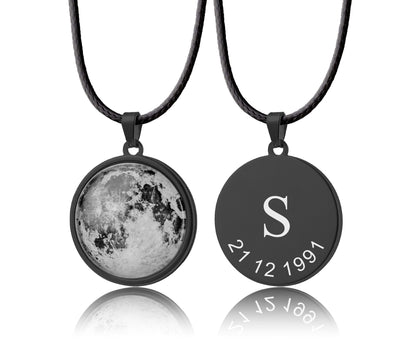 Moon Phase Necklace With Initial, Personalized Black Pendant With Cord, Custom Birthday Gift For Him, Anniversary Jewelry For Men, RP.1