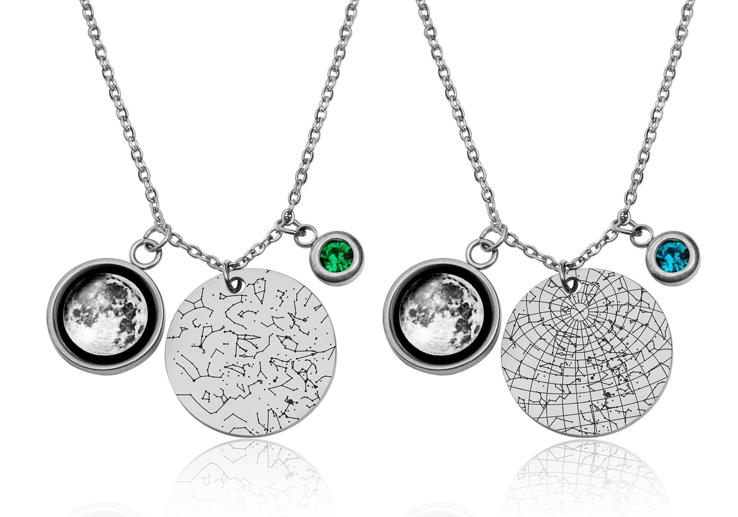 Star Map and Moon Phase Necklace with a Birthstone, Custom Night Sky by Date and Place,  Personalized Jewelry Birthday Anniversary Gift KP.7