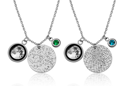 Star Map and Moon Phase Necklace with a Birthstone, Custom Night Sky by Date and Place,  Personalized Jewelry Birthday Anniversary Gift KP.7