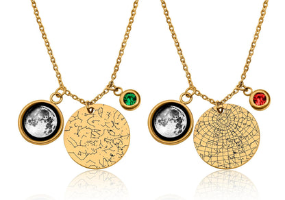 Star Map and Moon Phase Necklace with a Birthstone, Custom Night Sky by Date and Place,  Personalized Jewelry Birthday Anniversary Gift KP.7