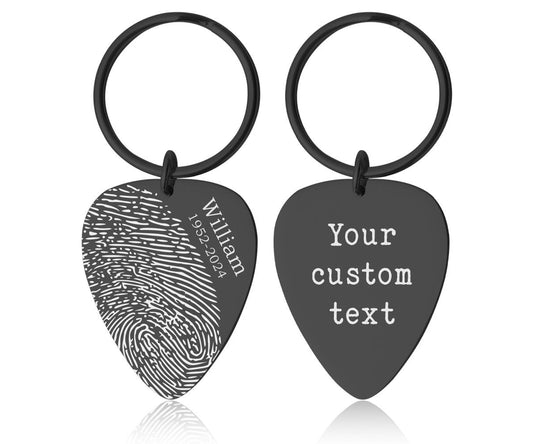 Black Guitar Pick Keychain with Actual Fingerprint, Engraved Custom Keyring, Memorial Gift, Loss Of Father, Guitarist Grief Keepsake, C.2