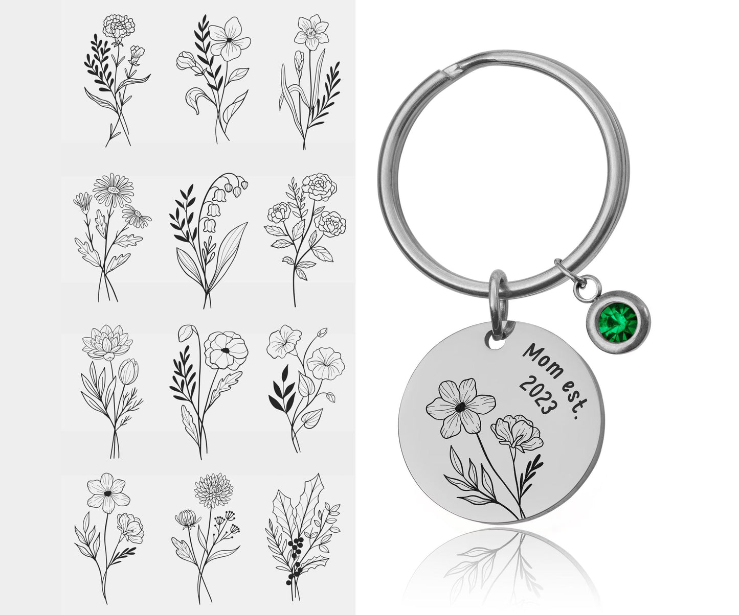 Birth Flower & Birthstone Keychain, Personalized Gift For New Mom, Grandma, Grandmother, Nana, Daughter, Sister, Custom Text Keychain, C.2