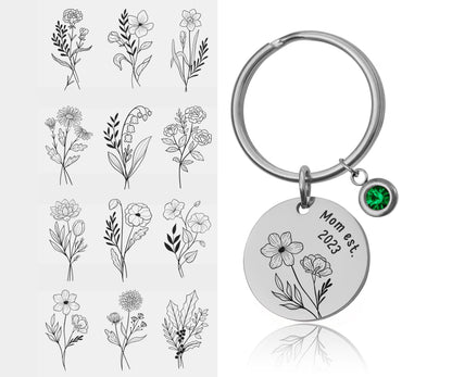 Birth Flower & Birthstone Keychain, Personalized Gift For New Mom, Grandma, Grandmother, Nana, Daughter, Sister, Custom Text Keychain, C.2