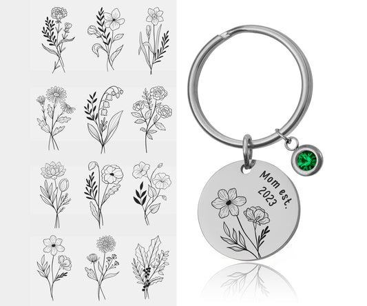 Birth Flower & Birthstone Keychain, Personalized Gift For New Mom, Grandma, Grandmother, Nana, Daughter, Sister, Custom Text Keychain, C.2