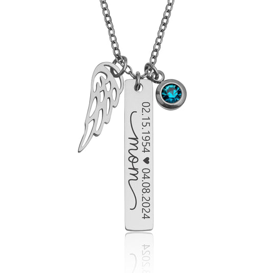 Loss of Mom Personalized Monogram Necklace with Angel Wing & Birthstone, Loss of Mother Memorial Jewelry, Sympathy Grief Gift, KP.6