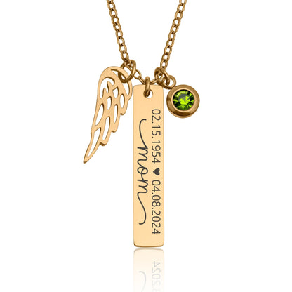 Loss of Mom Personalized Monogram Necklace with Angel Wing & Birthstone, Loss of Mother Memorial Jewelry, Sympathy Grief Gift, KP.6