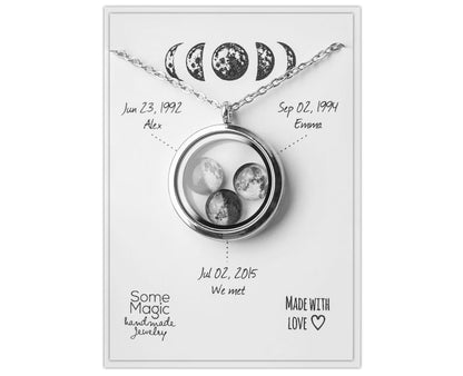 Custom Moon Phase Locket Necklace - Floating Transparent Pendant with 1–5 Moons, Personalized Lunar Jewelry Birthday Gift for Mom, KP.9